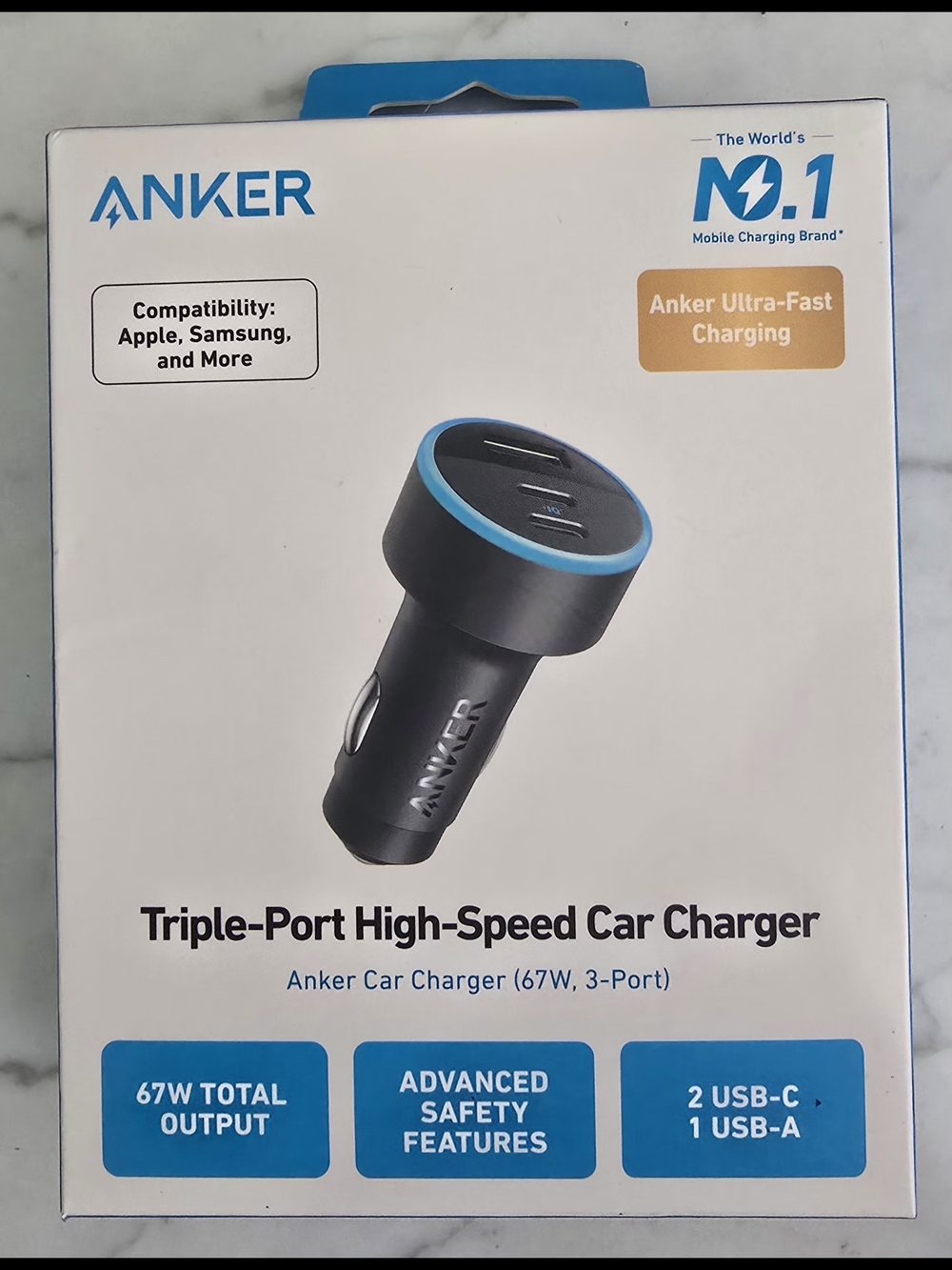 Anker Triple-Port Car Charger — Black with Light Blue Accent